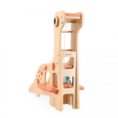 Janod Garage Dino Diplodoco - Set Gioco con 4 Dinosauri su Ruote e 2 Cactus, Legno FSC, 50 cm