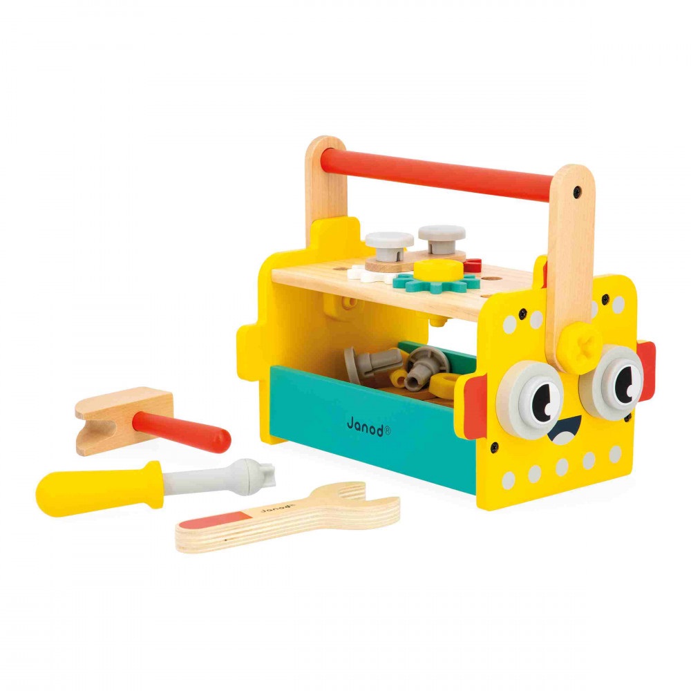 Janod Cassetta degli Attrezzi Robot Brico'Kids - Set di Bricolage per Bambini con 25 Accessori e 3 Utensili, Gioco di Imitazione per Sviluppare le Abilità Fino-Motorie, dai 36 Mesi, Multicolore