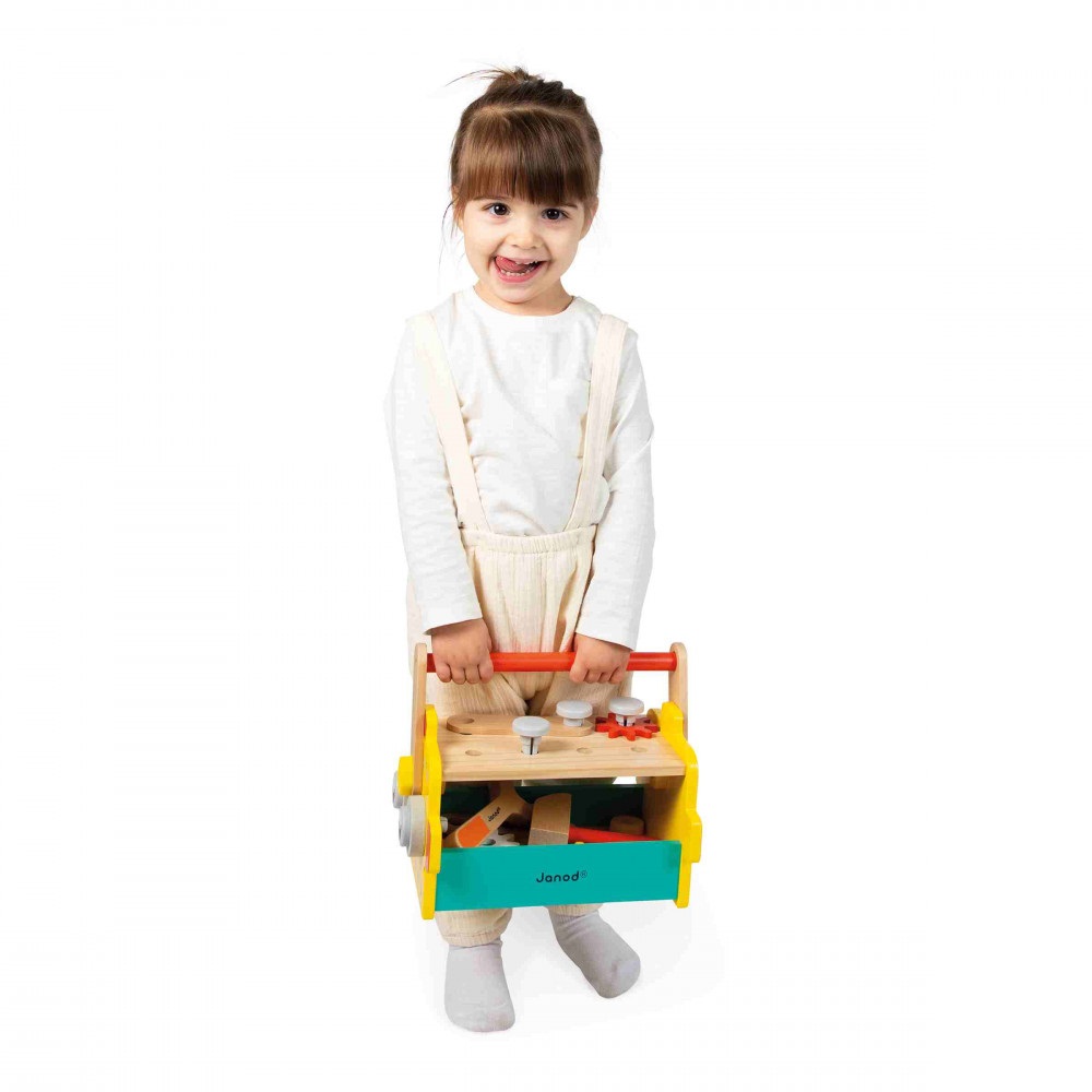 Janod Cassetta degli Attrezzi Robot Brico'Kids - Set di Bricolage per Bambini con 25 Accessori e 3 Utensili, Gioco di Imitazione per Sviluppare le Abilità Fino-Motorie, dai 36 Mesi, Multicolore