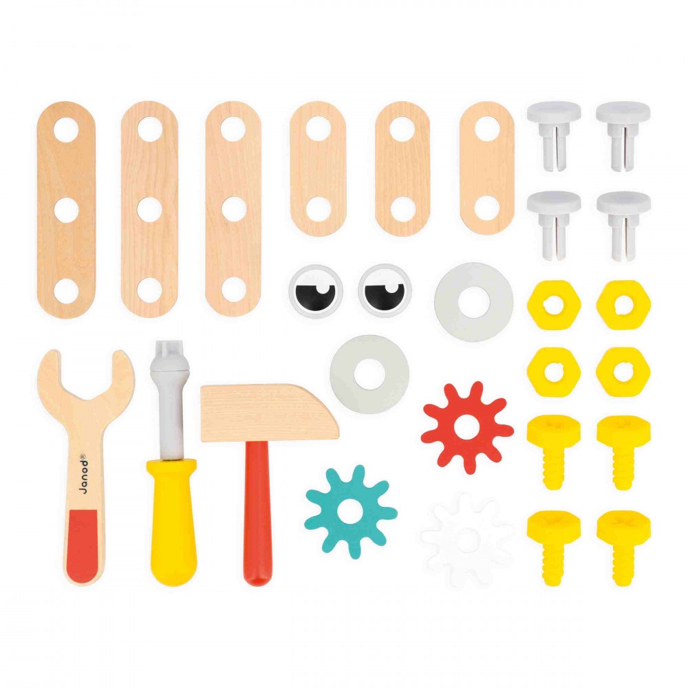 Janod Cassetta degli Attrezzi Robot Brico'Kids - Set di Bricolage per Bambini con 25 Accessori e 3 Utensili, Gioco di Imitazione per Sviluppare le Abilità Fino-Motorie, dai 36 Mesi, Multicolore