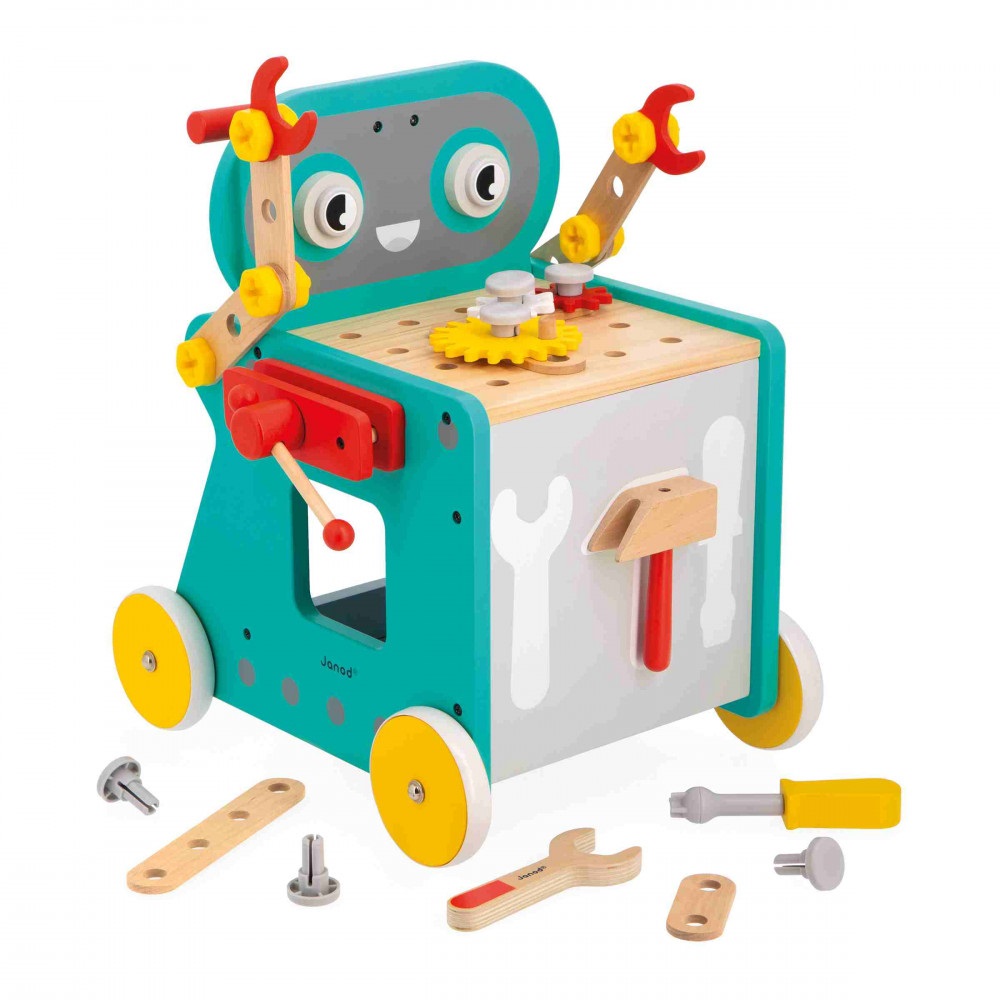 Janod Carrellino Robot Brico'Kids - Set Bricolage per Bambini con 38 Accessori e 3 Utensili - Gioco di Imitazione per Sviluppare le Abilità Fino-Motorie - dai 18 Mesi, J06456