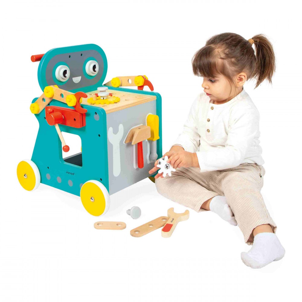 Janod Carrellino Robot Brico'Kids - Set Bricolage per Bambini con 38 Accessori e 3 Utensili - Gioco di Imitazione per Sviluppare le Abilità Fino-Motorie - dai 18 Mesi, J06456