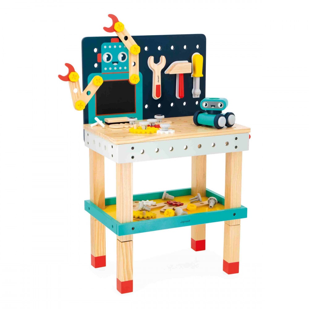 Janod J06457 - Grande Banco da Lavoro Robot Brico'Kids con 51 Accessori e Robot Articolato, Altezza Regolabile, per Bambini dai 3 Anni