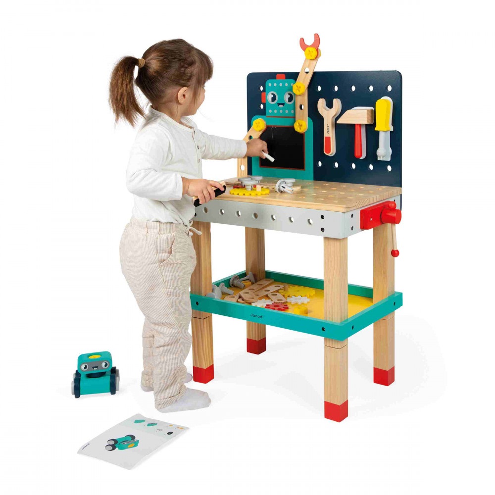 Janod J06457 - Grande Banco da Lavoro Robot Brico'Kids con 51 Accessori e Robot Articolato, Altezza Regolabile, per Bambini dai 3 Anni