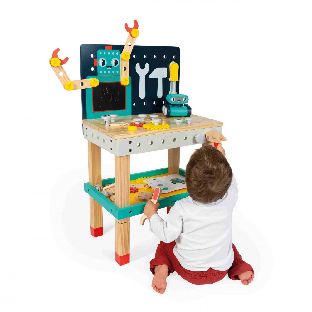 Janod J06457 - Grande Banco da Lavoro Robot Brico'Kids con 51 Accessori e Robot Articolato, Altezza Regolabile, per Bambini dai 3 Anni