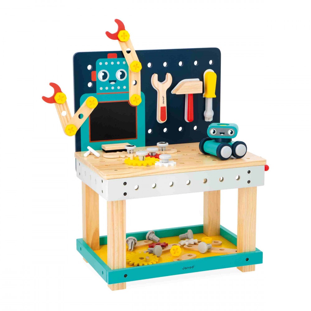 Janod J06457 - Grande Banco da Lavoro Robot Brico'Kids con 51 Accessori e Robot Articolato, Altezza Regolabile, per Bambini dai 3 Anni