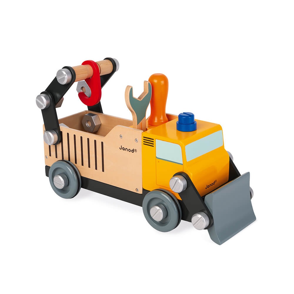 Janod Brico'Kids Camion Cantiere in Legno - Giocattolo da Costruzione 2-in-1 con Viti e Bulloni - Sviluppo della Motricità Fine e dell'Immaginazione - Certificato FSC - A Partire da 3 Anni