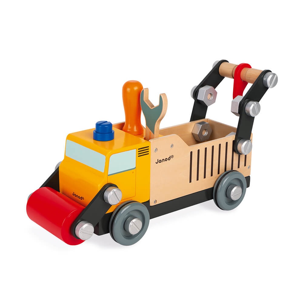 Janod Brico'Kids Camion Cantiere in Legno - Giocattolo da Costruzione 2-in-1 con Viti e Bulloni - Sviluppo della Motricità Fine e dell'Immaginazione - Certificato FSC - A Partire da 3 Anni