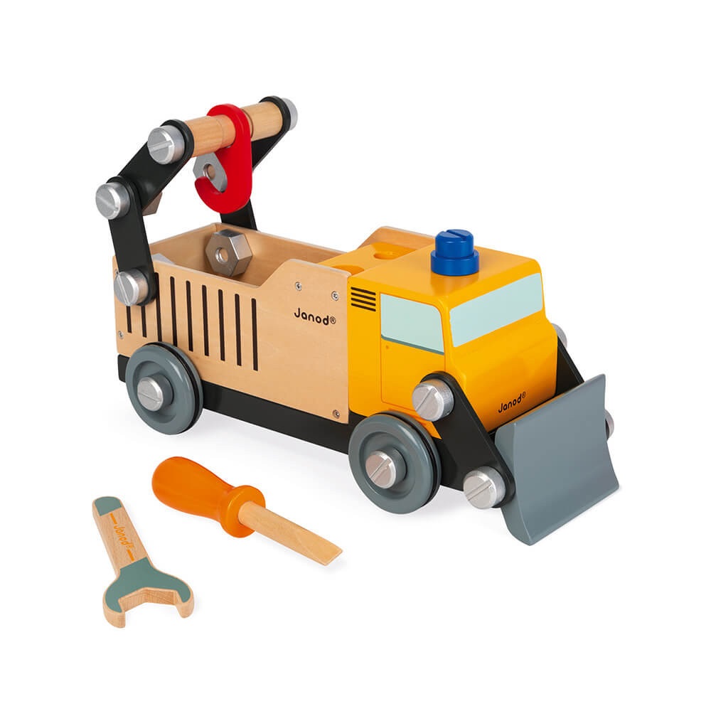 Janod Brico'Kids Camion Cantiere in Legno - Giocattolo da Costruzione 2-in-1 con Viti e Bulloni - Sviluppo della Motricità Fine e dell'Immaginazione - Certificato FSC - A Partire da 3 Anni