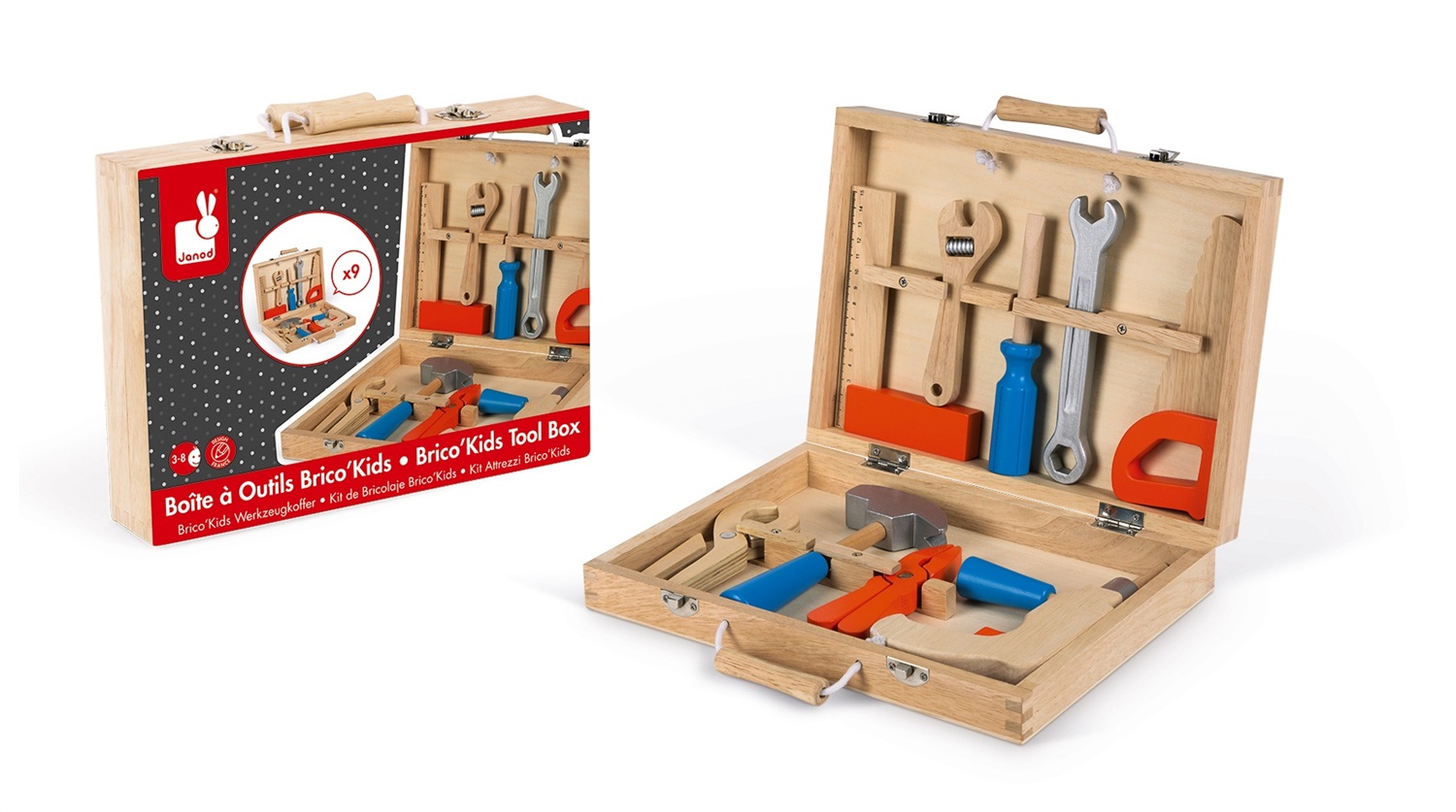 Janod Brico'Kids Kit Attrezzi in Legno - Gioco di Imitazione con 9 Accessori Inclusi per Bambini dai 3 Anni