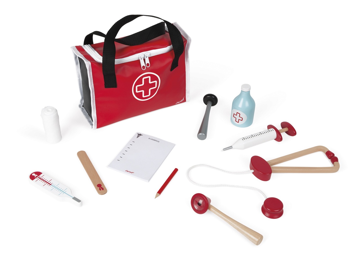 JANOD Valigetta del Dottore in Legno Massello - 10 Accessori Inclusi - Gioco di Imitazione per Bambini a Partire dai 3 Anni