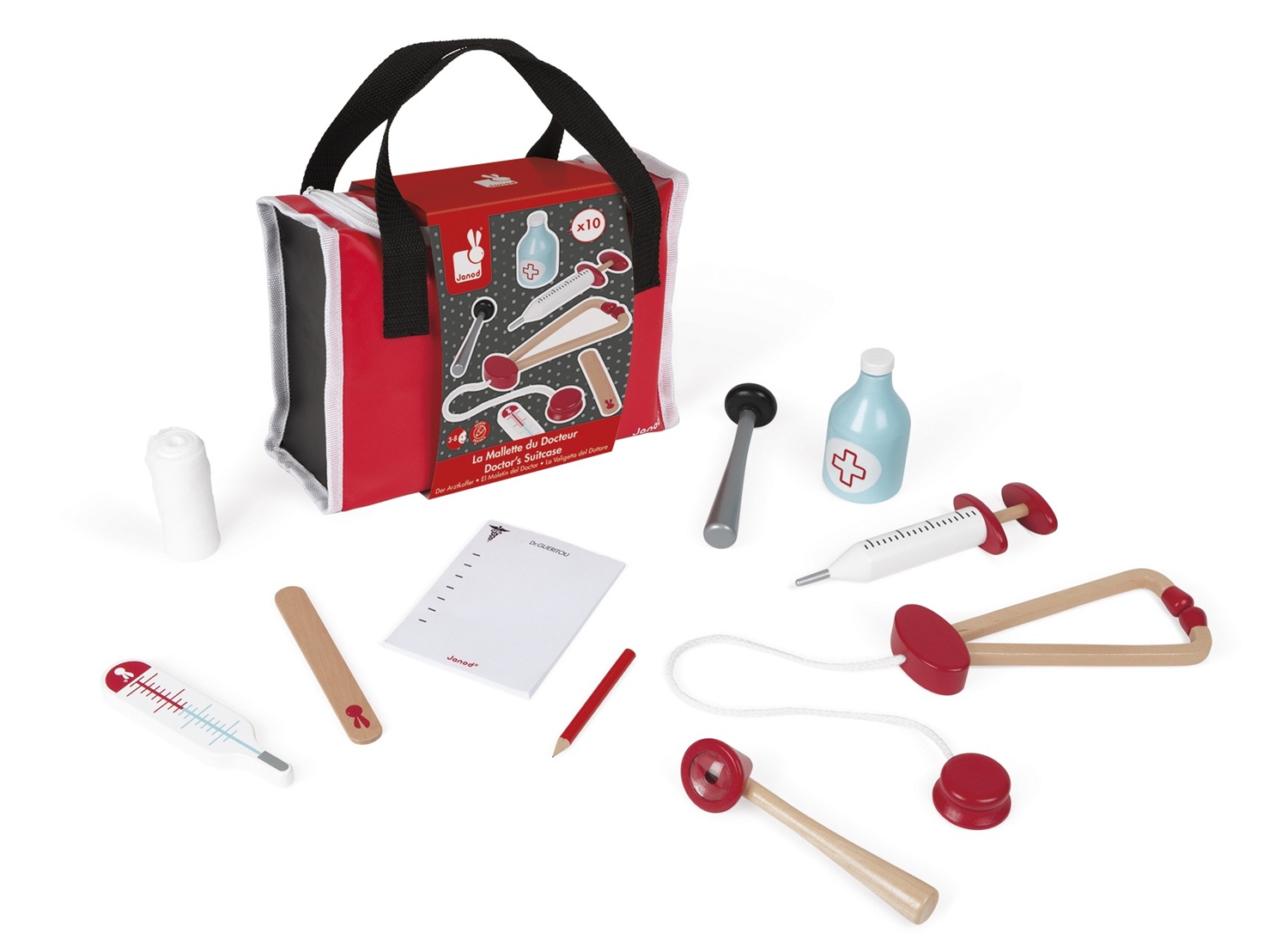 JANOD Valigetta del Dottore in Legno Massello - 10 Accessori Inclusi - Gioco di Imitazione per Bambini a Partire dai 3 Anni