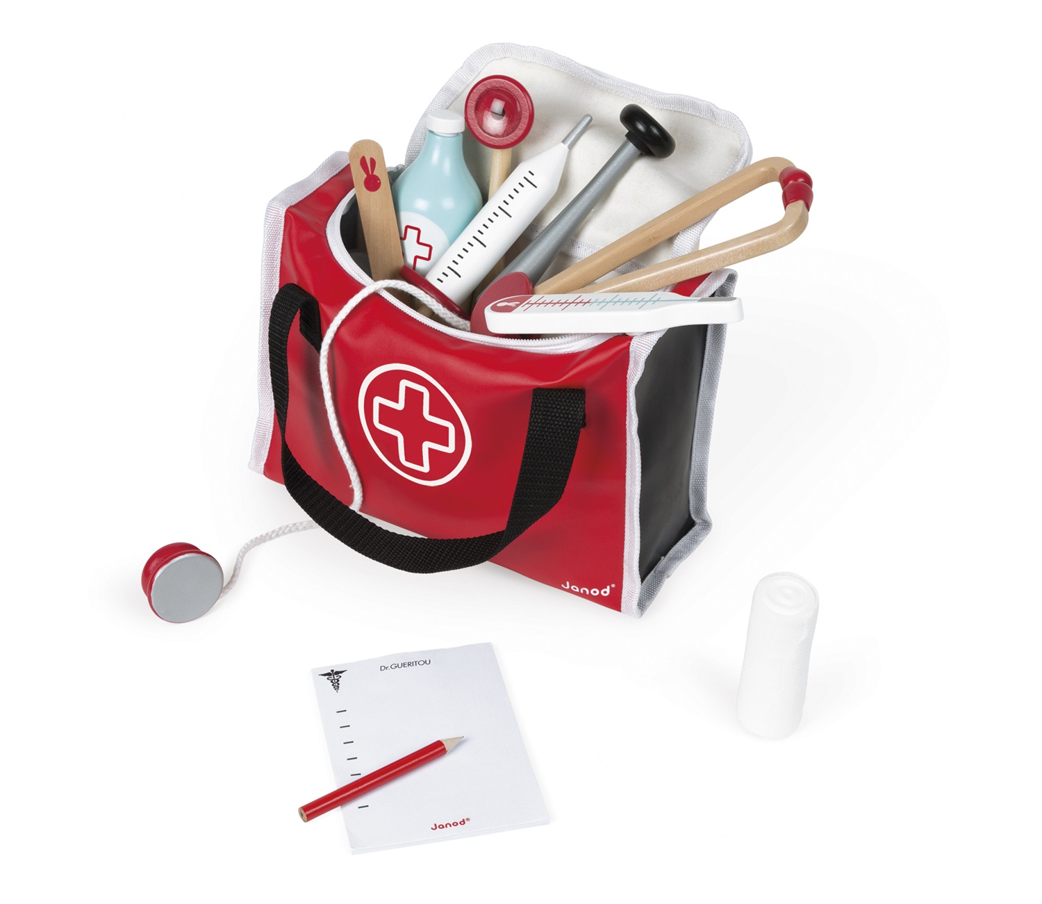 JANOD Valigetta del Dottore in Legno Massello - 10 Accessori Inclusi - Gioco di Imitazione per Bambini a Partire dai 3 Anni