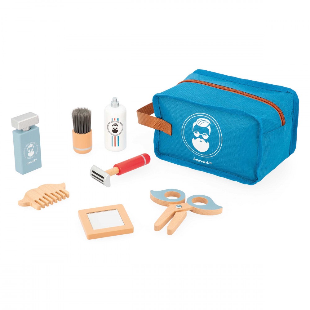 Janod Valigetta del Barbiere in Legno - Set Completo con 7 Accessori per Bambini dai 3 Anni