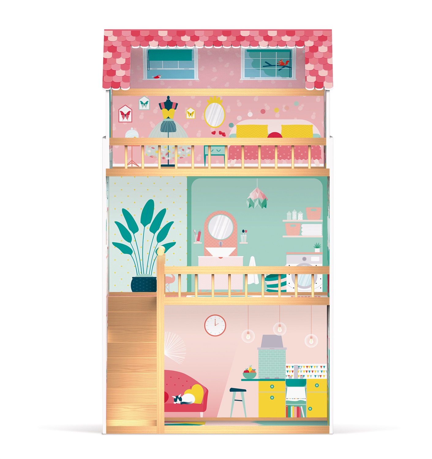 Janod Happy Day - Casa Delle Bambole in Legno, 3 Piani, 12 Accessori Inclusi, Alta 105 cm, Giocattolo per Sviluppare l'Immaginazione - Da 3 Anni
