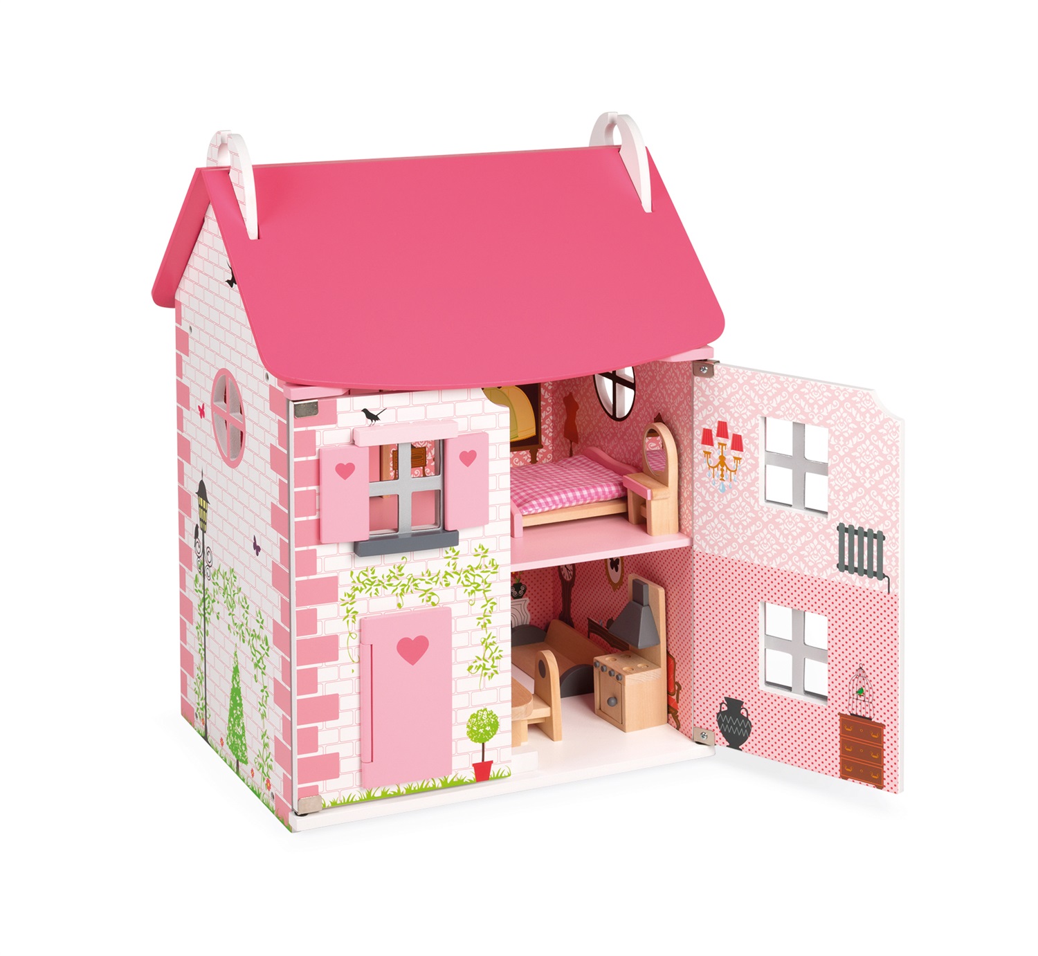 Janod Mademoiselle Casa delle Bambole in Legno - 3 Piani e 11 Accessori Inclusi, Giocattolo di Imitazione per Sviluppare l'Immaginazione - Da 3 Anni in su