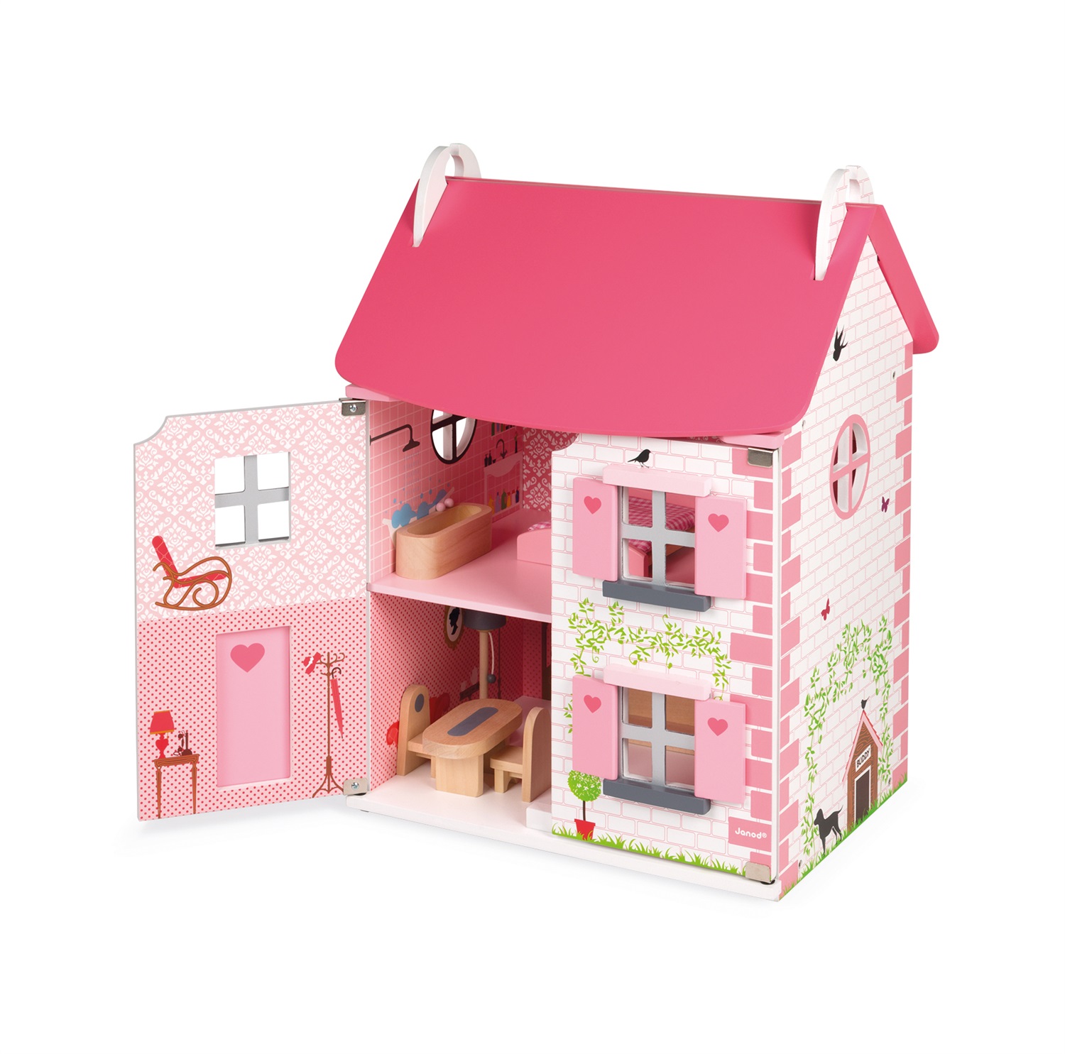 Janod Mademoiselle Casa delle Bambole in Legno - 3 Piani e 11 Accessori Inclusi, Giocattolo di Imitazione per Sviluppare l'Immaginazione - Da 3 Anni in su