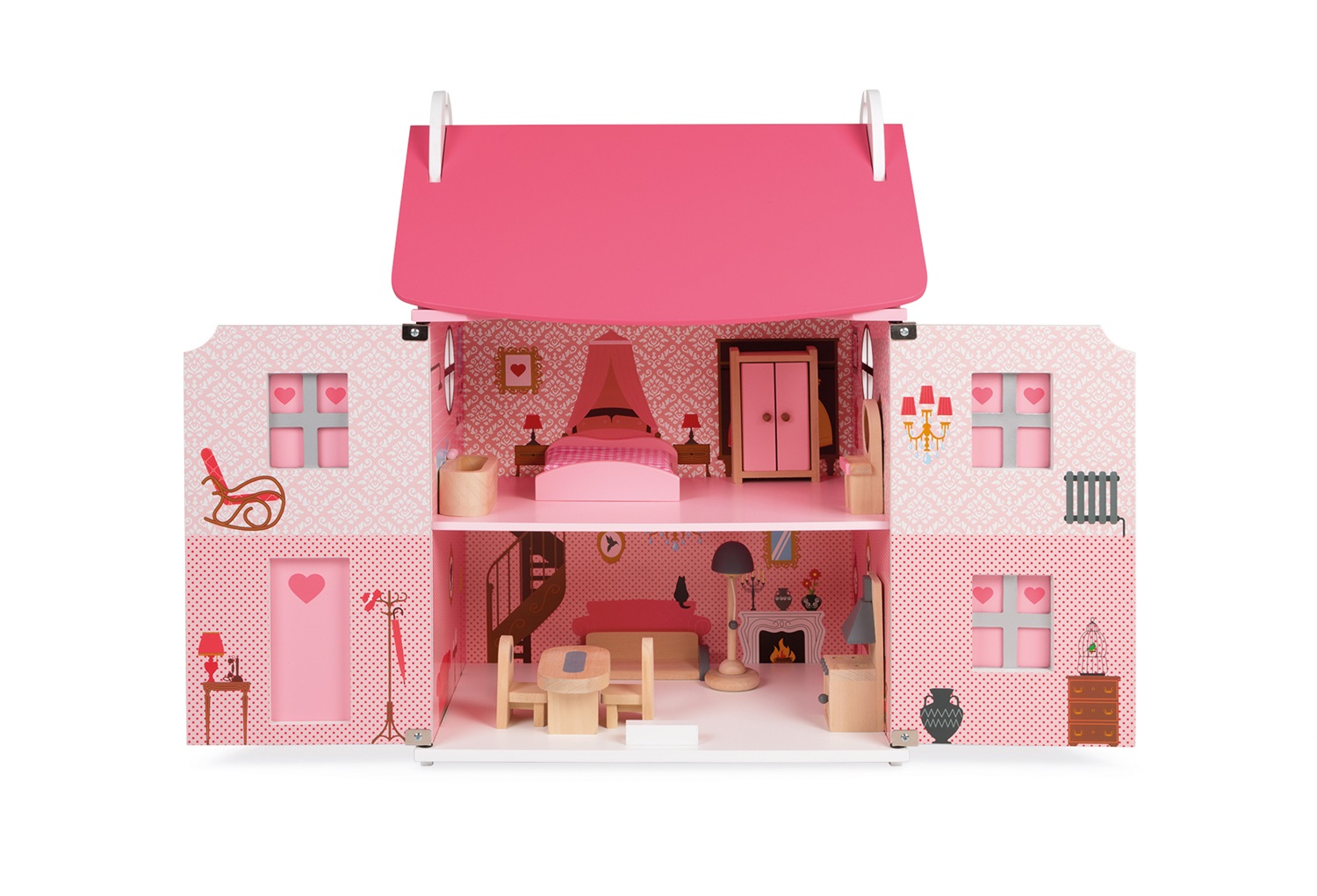 Janod Mademoiselle Casa delle Bambole in Legno - 3 Piani e 11 Accessori Inclusi, Giocattolo di Imitazione per Sviluppare l'Immaginazione - Da 3 Anni in su