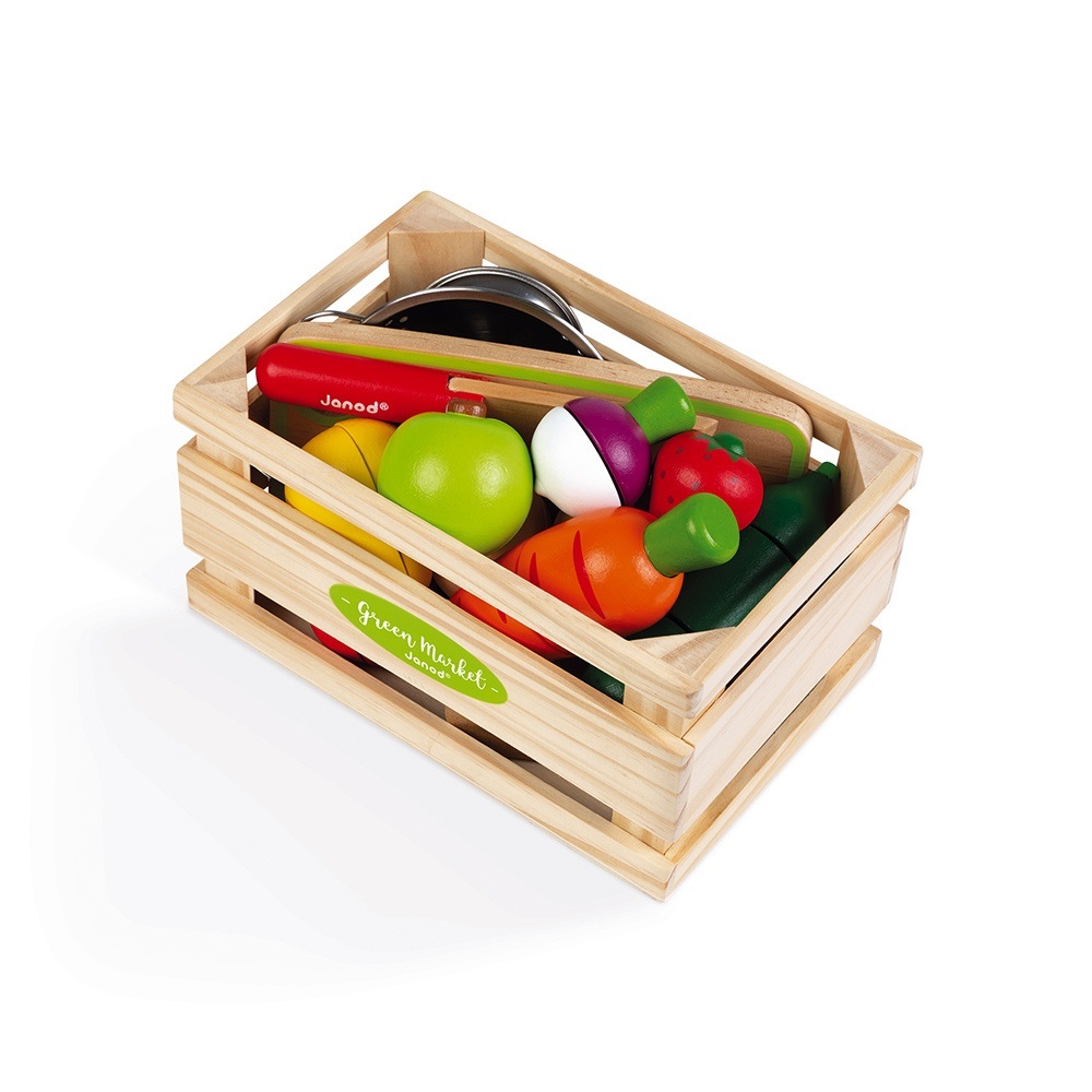 Janod Maxi Set Frutta e Verdura da Tagliare - Cassetta Del Mercato con 9 Frutti e Verdure in Velcro, Coltello e Tagliere in Legno, Colino in Metallo - Da 3 a 8 Anni