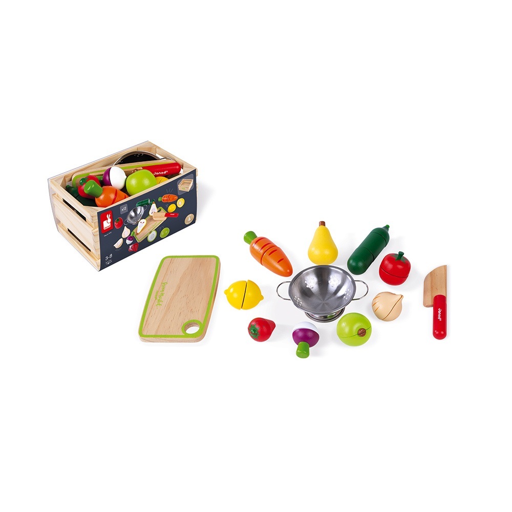 Janod Maxi Set Frutta e Verdura da Tagliare - Cassetta Del Mercato con 9 Frutti e Verdure in Velcro, Coltello e Tagliere in Legno, Colino in Metallo - Da 3 a 8 Anni