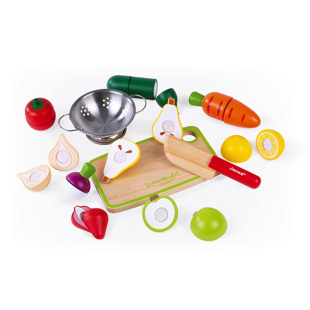 Janod Maxi Set Frutta e Verdura da Tagliare - Cassetta Del Mercato con 9 Frutti e Verdure in Velcro, Coltello e Tagliere in Legno, Colino in Metallo - Da 3 a 8 Anni