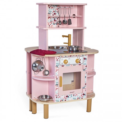 Janod J06616 Cucina in Legno a Due Lati con 8 Accessori Inclusi, Forno, Manopole Girevoli e Piastra Sonora - Colore Pink, dai 3 Anni