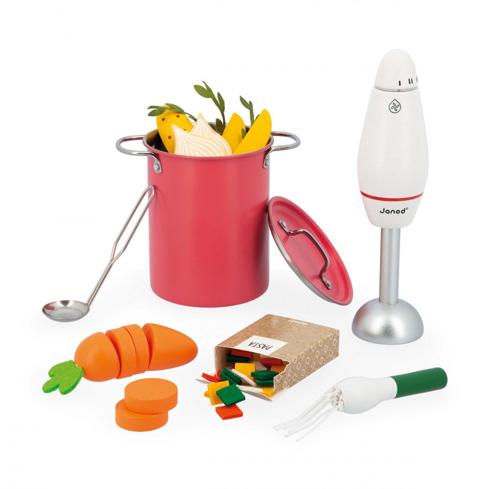 Janod Set da Zuppa per Bambini - 43 Accessori in Legno FSC, Cartone e Feltro - Giocattolo di Imitazione per Piccoli Chef dai 3 Anni