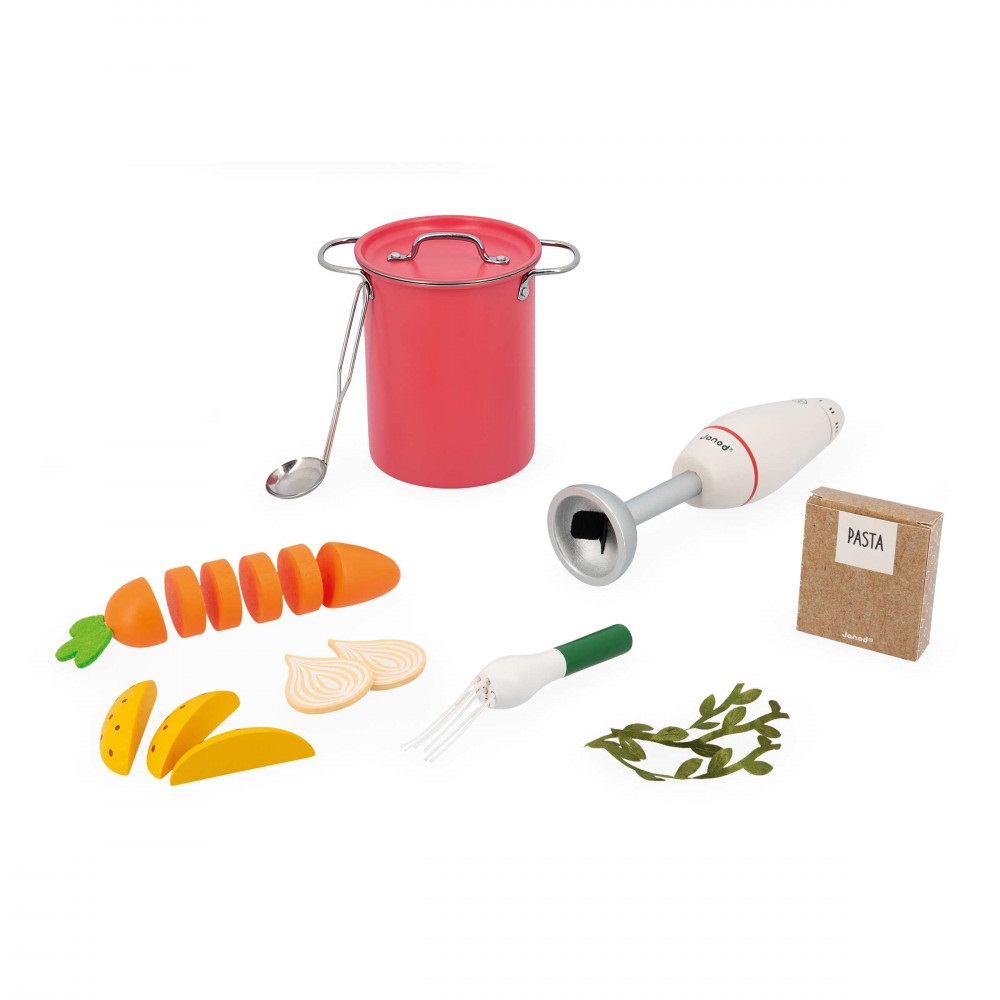 Janod Set da Zuppa per Bambini - 43 Accessori in Legno FSC, Cartone e Feltro - Giocattolo di Imitazione per Piccoli Chef dai 3 Anni