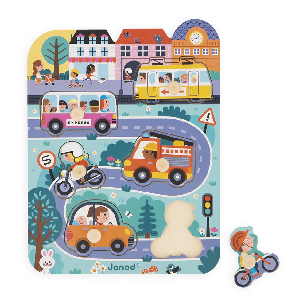 Janod Puzzle in Legno nella Città - Puzzle educativo con 6 veicoli per bambini dai 18 mesi