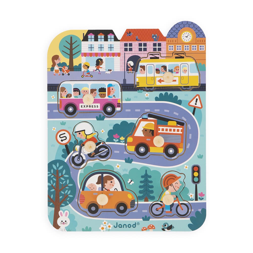 Janod Puzzle in Legno nella Città - Puzzle educativo con 6 veicoli per bambini dai 18 mesi