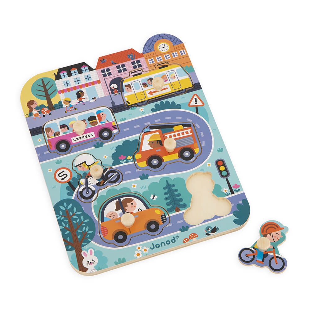 Janod Puzzle in Legno nella Città - Puzzle educativo con 6 veicoli per bambini dai 18 mesi