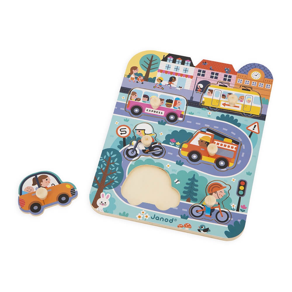 Janod Puzzle in Legno nella Città - Puzzle educativo con 6 veicoli per bambini dai 18 mesi