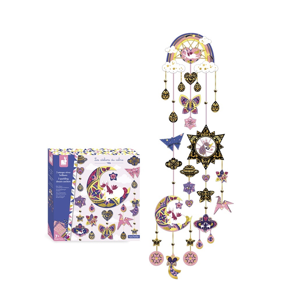 Janod Atrapamiedos Brillanti Unicornio - Kit Fai da Te con 3 Acchiappasogni Scintillanti e Decorazioni Magiche
