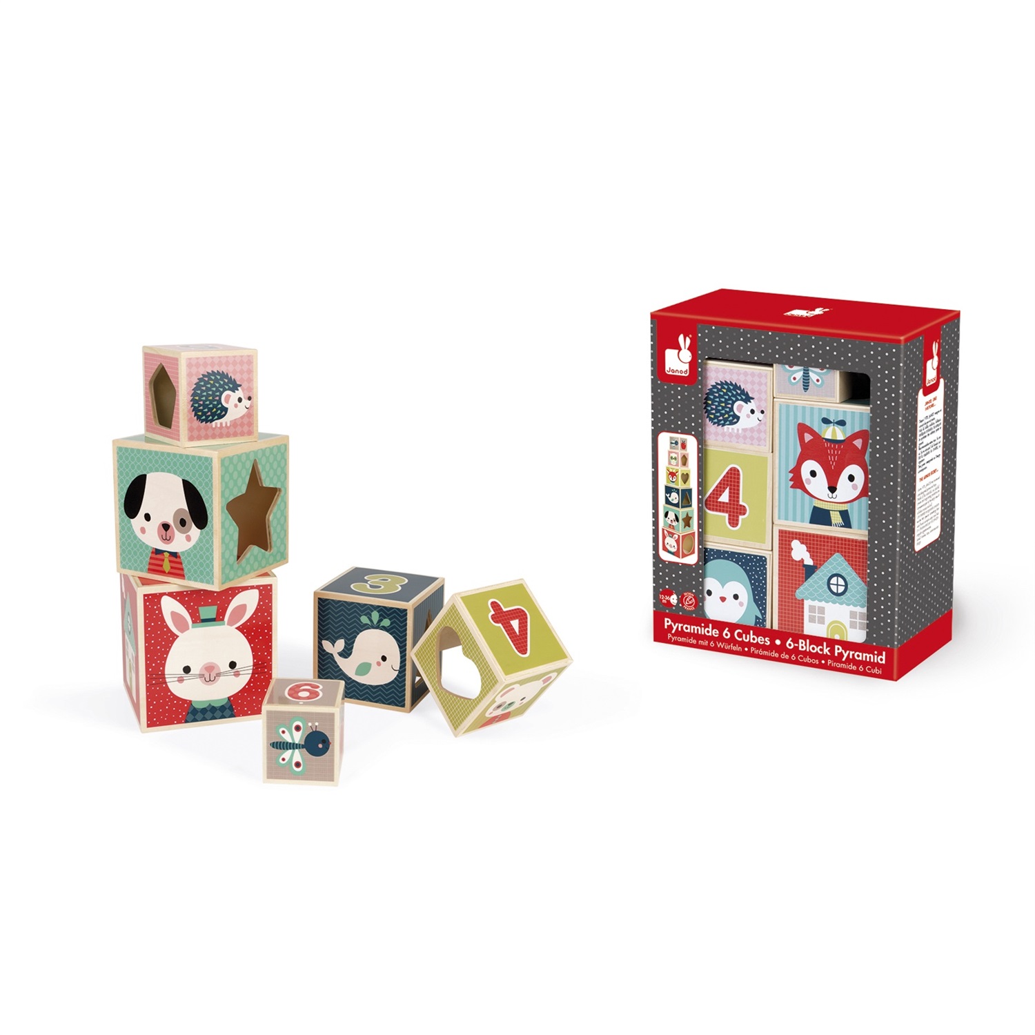 Janod Baby Forest Piramide in Legno con 6 Cubi - Giocattolo per Apprendimento Precoce, Costruzione e Impilamento per Sviluppo della Motricità Fine - Da 1 Anno in su