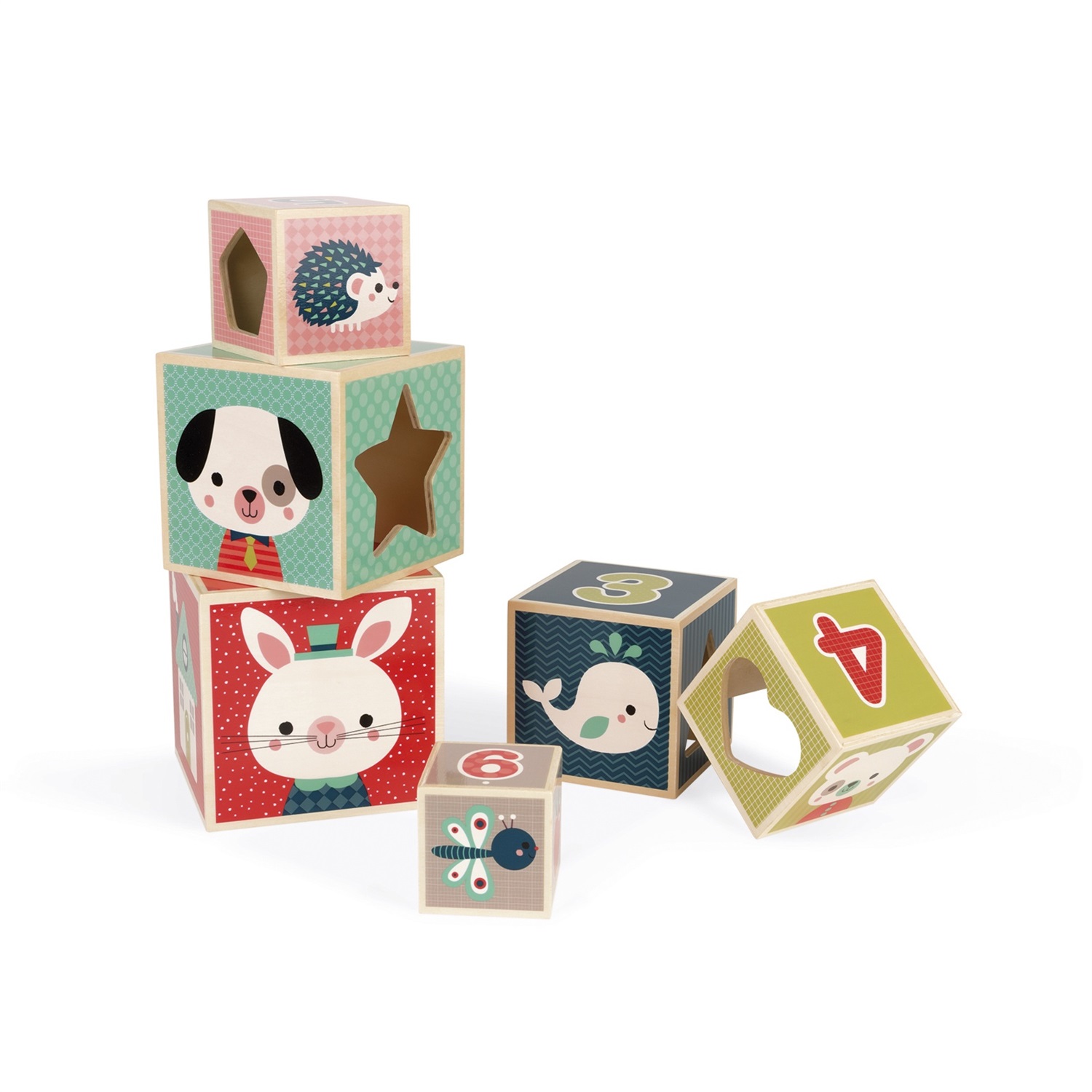 Janod Baby Forest Piramide in Legno con 6 Cubi - Giocattolo per Apprendimento Precoce, Costruzione e Impilamento per Sviluppo della Motricità Fine - Da 1 Anno in su