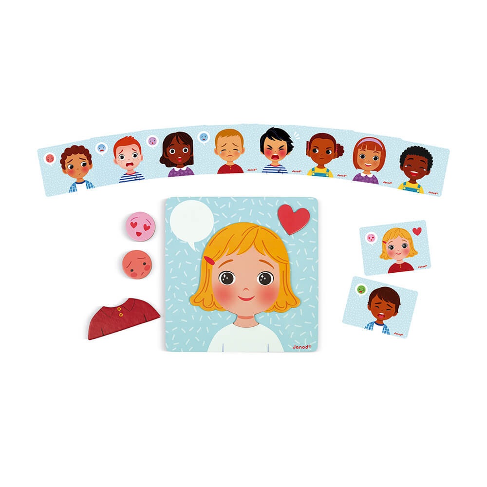 Janod - Gioco Magnetico delle Emozioni - Gioco Educativo per Bambini dai 2 Anni con 10 Emozioni da Riconoscere e Vassoio in Legno