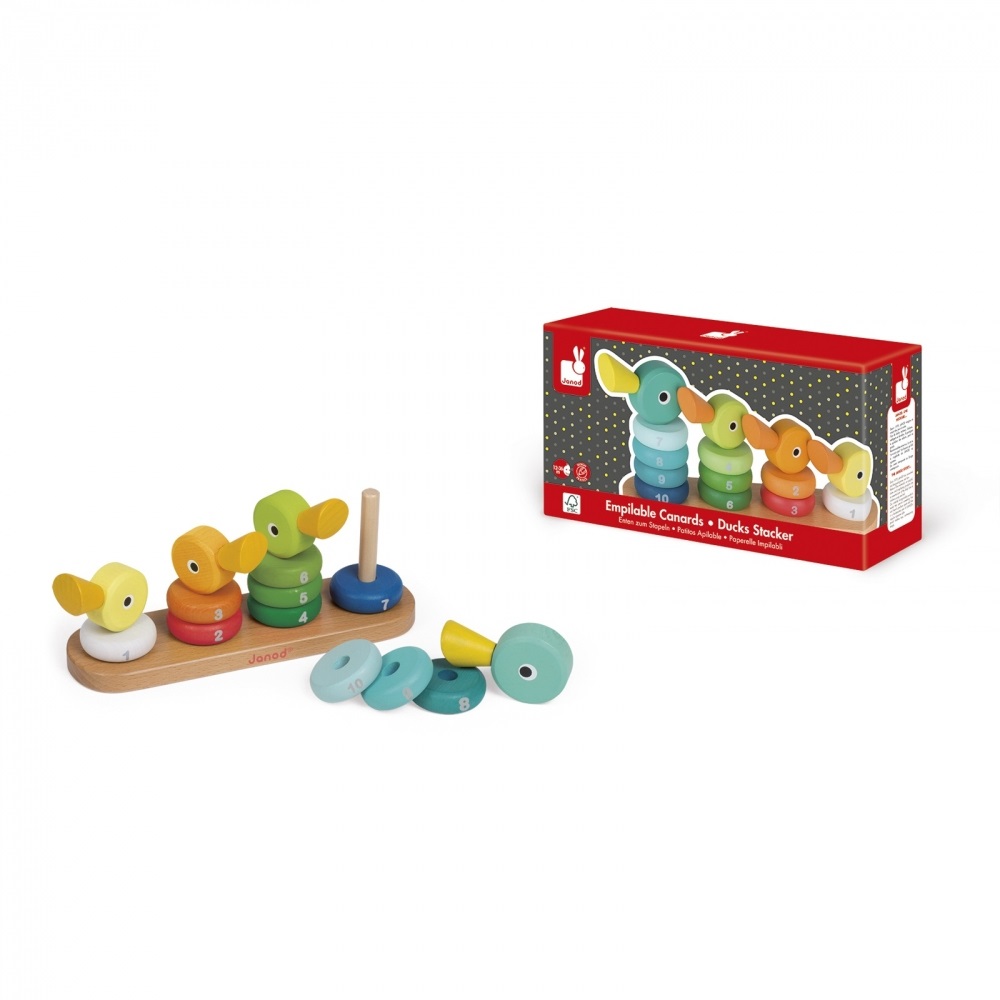Janod Duck Family Stacker - Giocattolo educativo in legno per bambini 18-36 mesi, gioco di costruzioni con 14 pezzi, pittura ad acqua