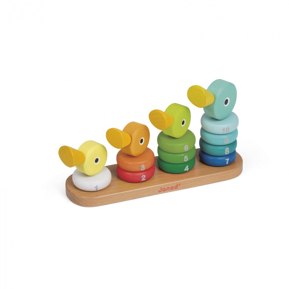 Janod Duck Family Stacker - Giocattolo educativo in legno per bambini 18-36 mesi, gioco di costruzioni con 14 pezzi, pittura ad acqua