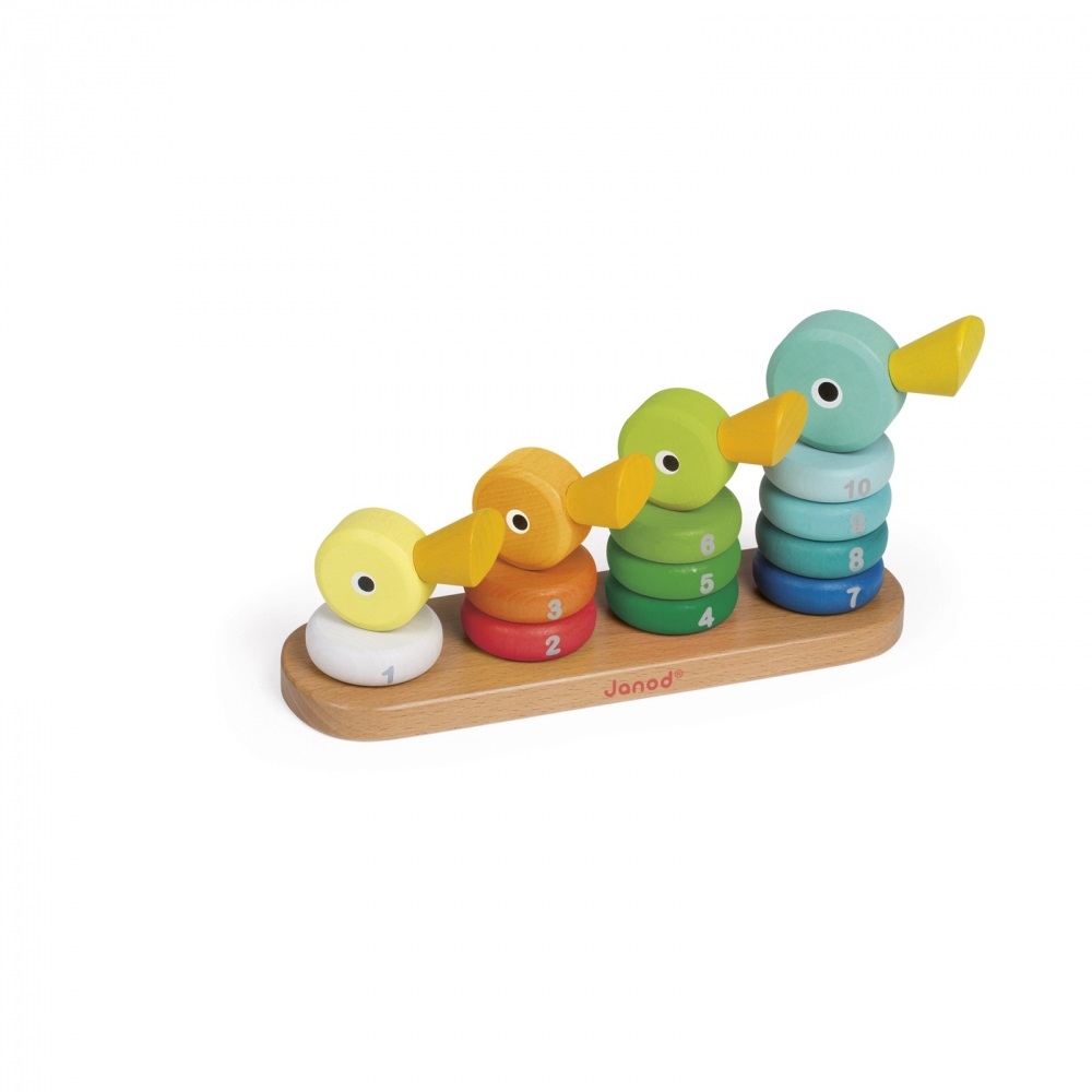 Janod Duck Family Stacker - Giocattolo educativo in legno per bambini 18-36 mesi, gioco di costruzioni con 14 pezzi, pittura ad acqua