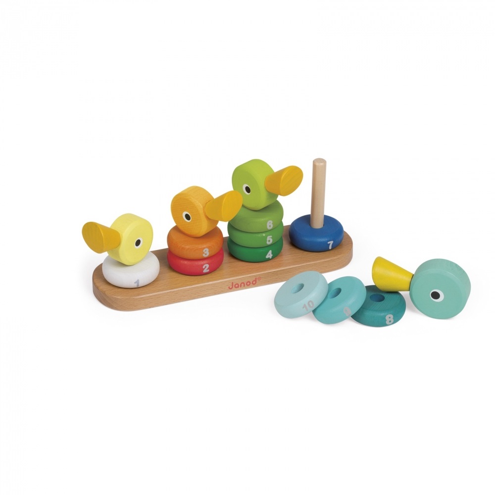 Janod Duck Family Stacker - Giocattolo educativo in legno per bambini 18-36 mesi, gioco di costruzioni con 14 pezzi, pittura ad acqua