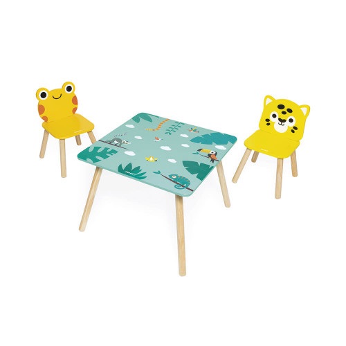 JANOD Set Tavolo e 2 Sedie in Legno Tropik - Tavolo 55 x 55 cm, Sedia Rana e Sedia Giaguaro, Vernice ad Acqua, Dai 3 Anni