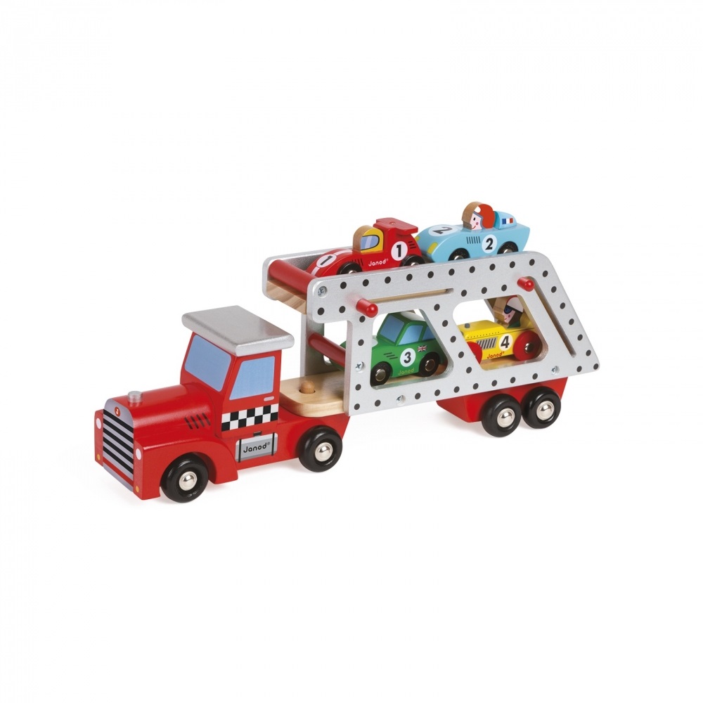 Janod Camion con Bisarca in Legno - Include 4 Vetture Colorate per Bambini da 2 Anni - Stimola l'Immaginazione