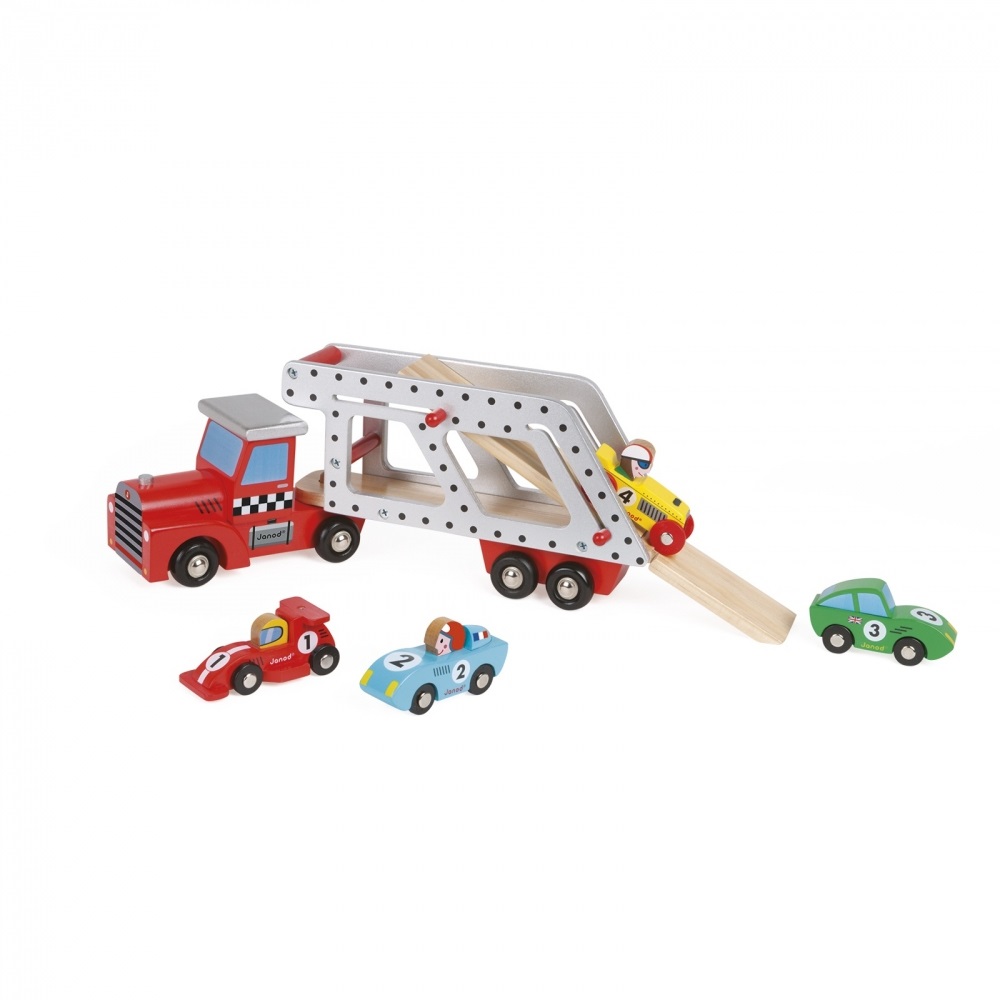 Janod Camion con Bisarca in Legno - Include 4 Vetture Colorate per Bambini da 2 Anni - Stimola l'Immaginazione