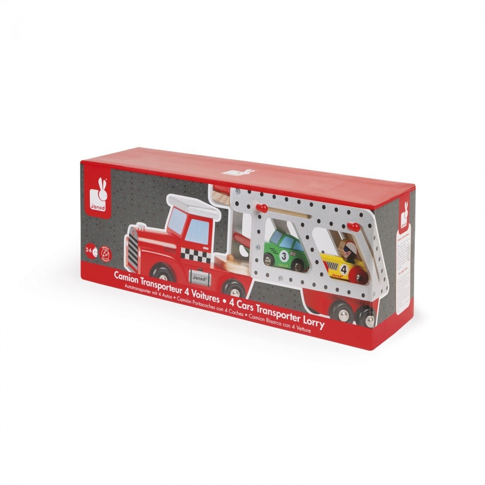 Janod Camion con Bisarca in Legno - Include 4 Vetture Colorate per Bambini da 2 Anni - Stimola l'Immaginazione