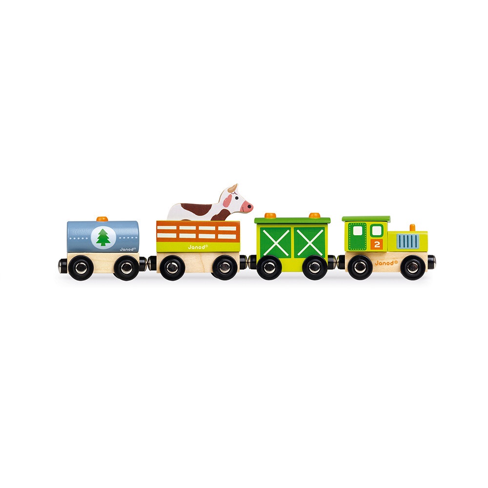 Janod Set Trenino della Fattoria Story - 5 Figurine in Legno Animali e Veicoli - Giocattolo D'Immaginazione Compatibile con Rotaie - Da 3 Anni in Su