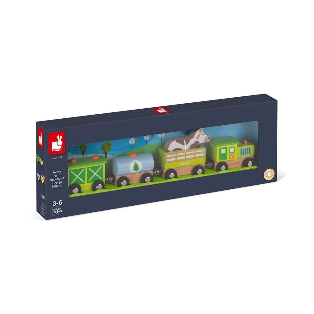 Janod Set Trenino della Fattoria Story - 5 Figurine in Legno Animali e Veicoli - Giocattolo D'Immaginazione Compatibile con Rotaie - Da 3 Anni in Su