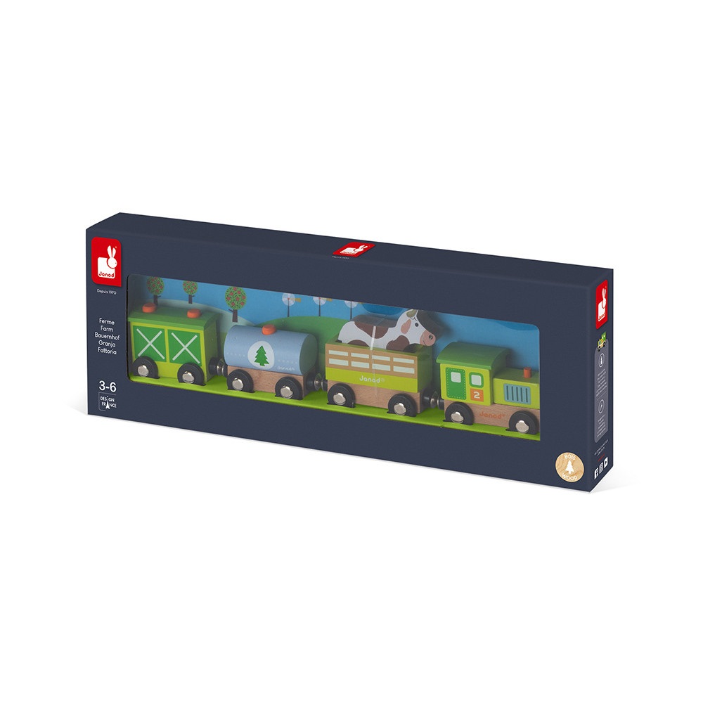 Janod Set Trenino della Fattoria Story - 5 Figurine in Legno Animali e Veicoli - Giocattolo D'Immaginazione Compatibile con Rotaie - Da 3 Anni in Su