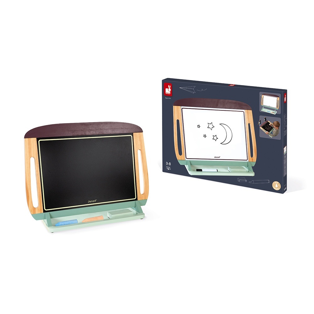 Janod Lavagna da Tavolo in Legno Grande Bifacciale Portatile Nera/Bianca Magnetica con Base Antislittamento - Include 2 Gessetti, 1 Pennarello Cancellabile e 1 Cancellino - Da 3 Anni, J09631