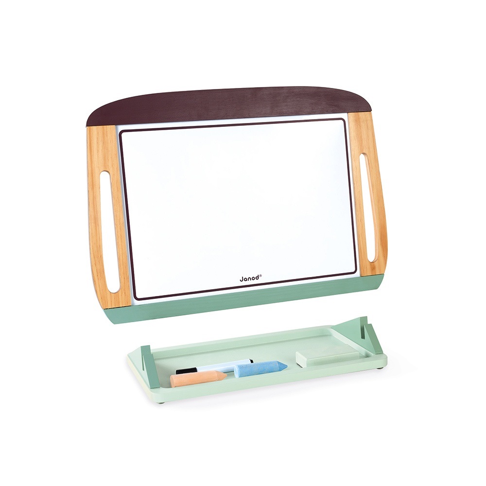 Janod Lavagna da Tavolo in Legno Grande Bifacciale Portatile Nera/Bianca Magnetica con Base Antislittamento - Include 2 Gessetti, 1 Pennarello Cancellabile e 1 Cancellino - Da 3 Anni, J09631