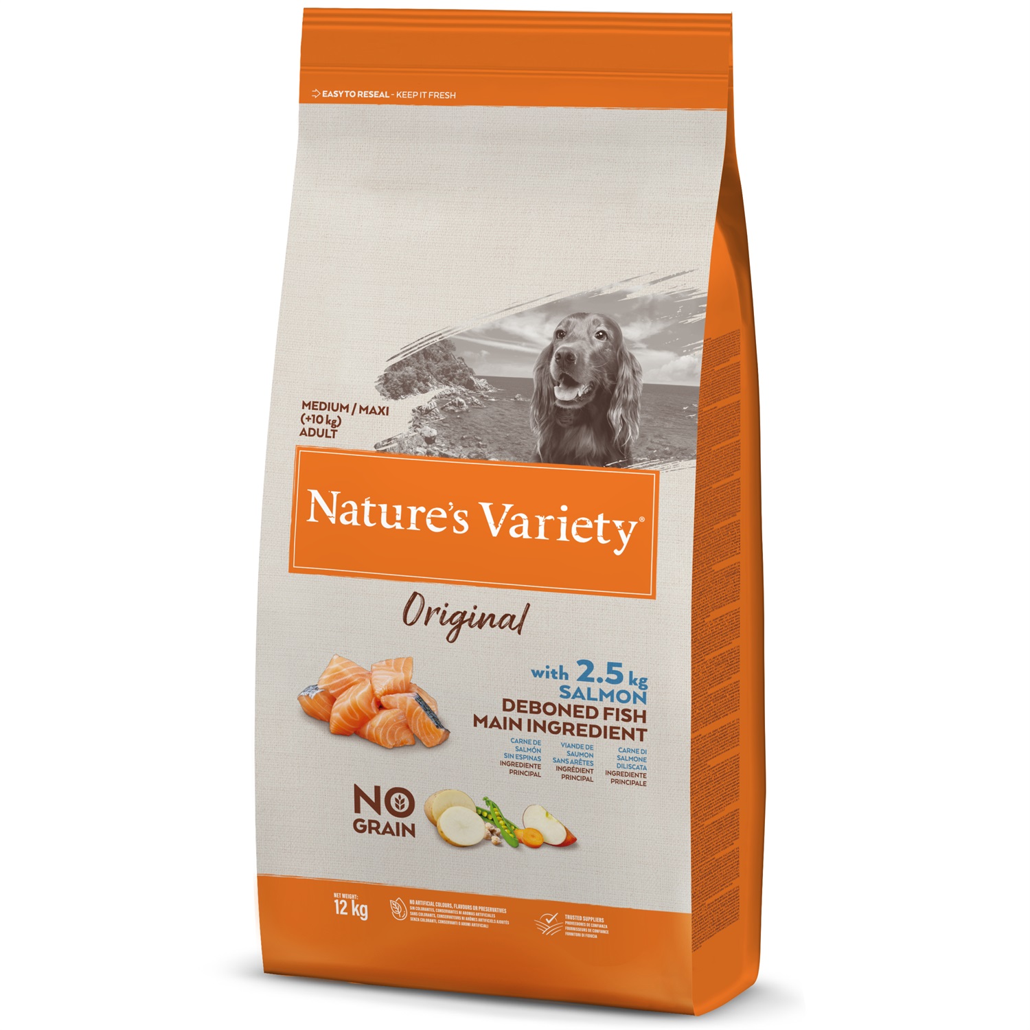 Nature's Variety Original No Grain Crocchette per Cani Adulto con Salmone Diliscato - 12 kg, Senza Grano, Ricetta Equilibrata per Massa Muscolare e Pelliccia Sana